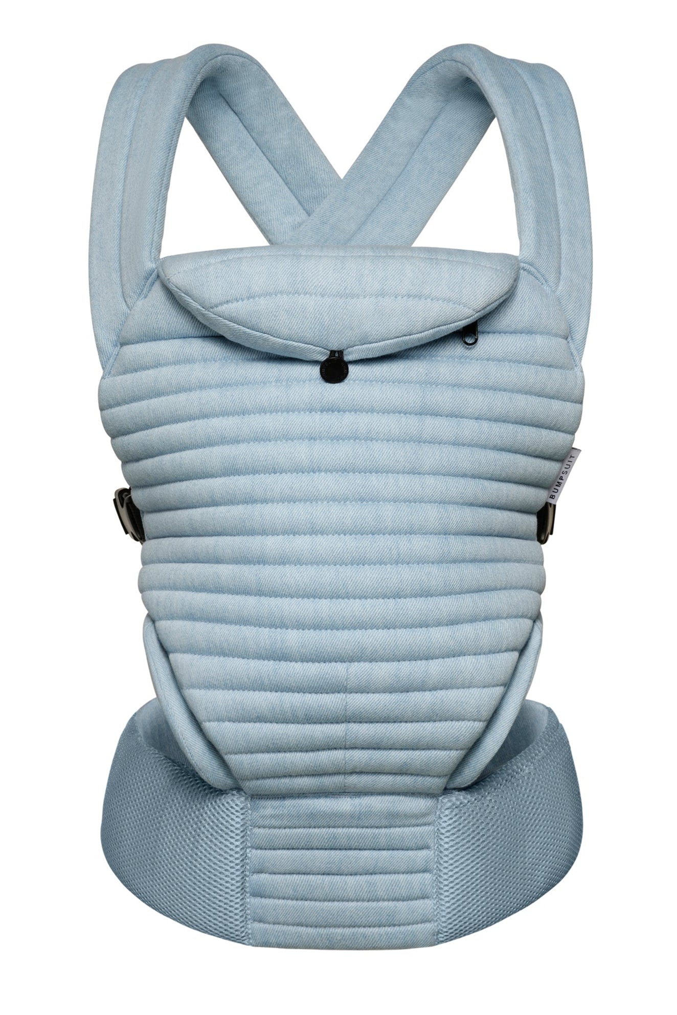 front view of the armadillo baby carrier by bumpsuit in light denim