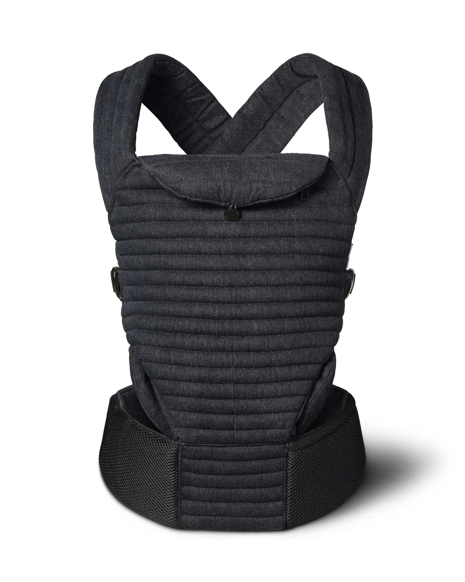 A Bumpsuit  black denim  baby carrier with a padded front panel, adjustable shoulder straps, and a wide waist belt, shown on a white background with a soft shadow.