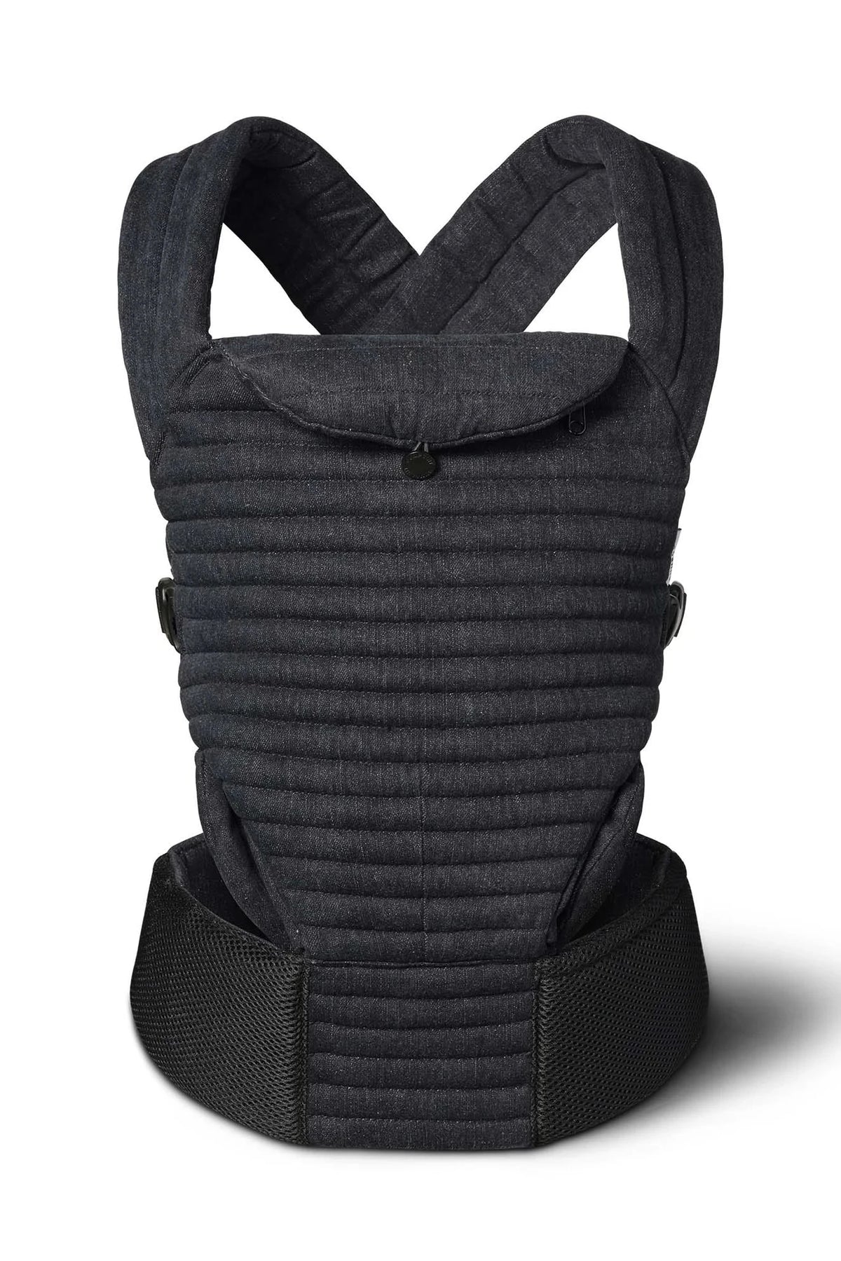 A Bumpsuit  black denim  baby carrier with a padded front panel, adjustable shoulder straps, and a wide waist belt, shown on a white background with a soft shadow.