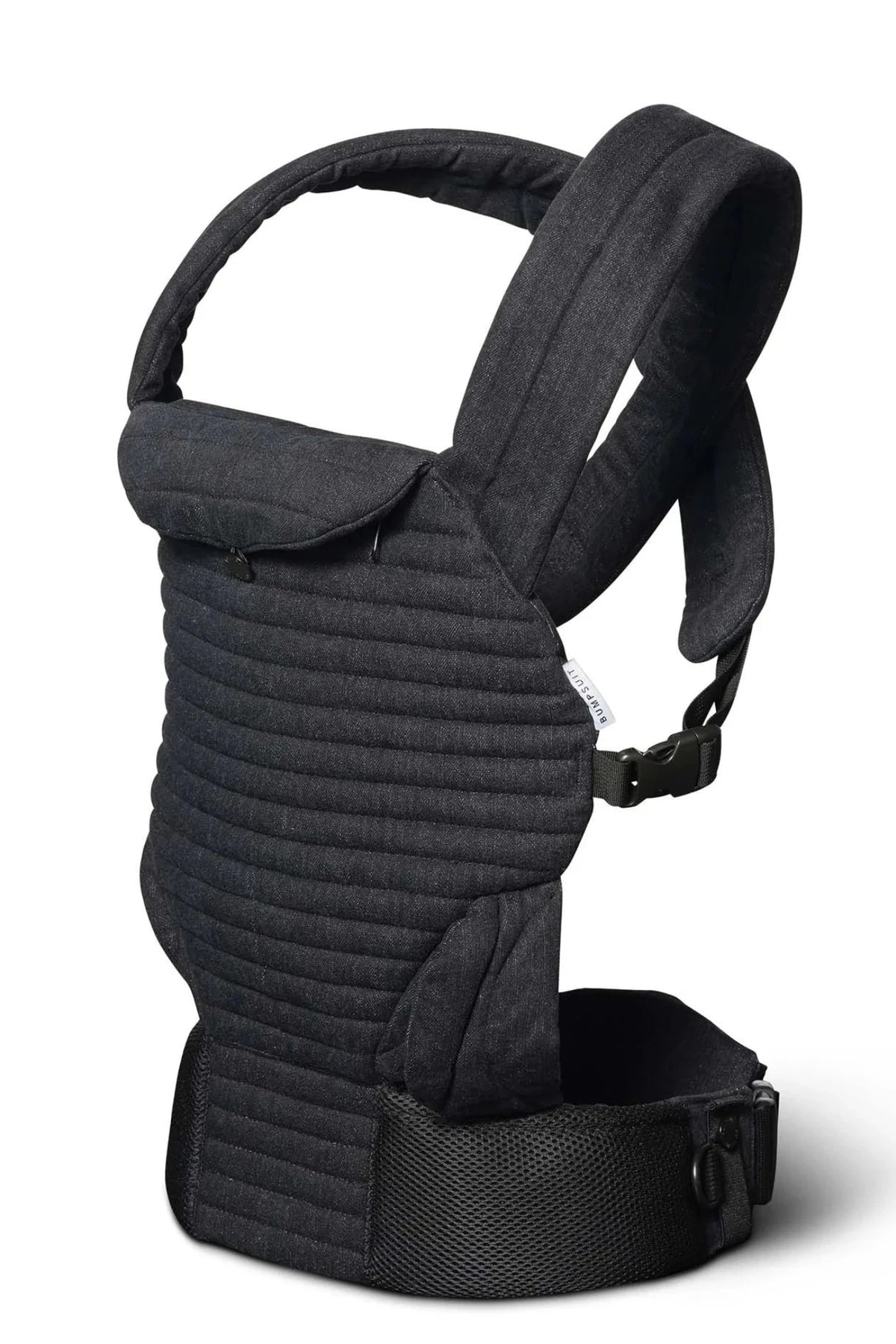 A black denim quilted baby carrier with padded shoulder straps and a breathable waist belt, shown from a three-quarter angle on a white background.