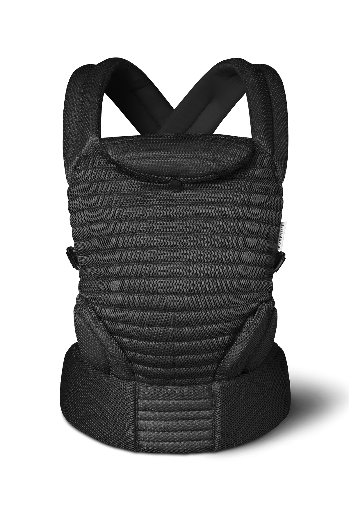 The Bumpsuit black mesh armadillo baby carrier from a front view, shot against a white background.