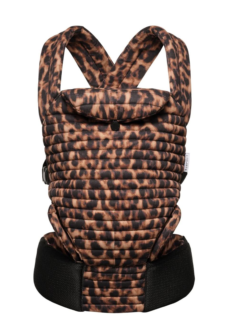 front view of the bumpsuit armadillo baby carrier in leopard print 
