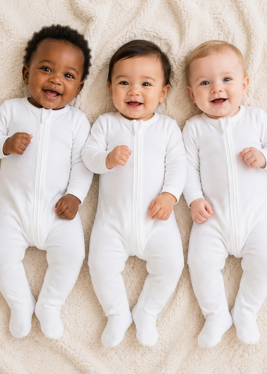 Three babies in white onesies lying on a soft surface
