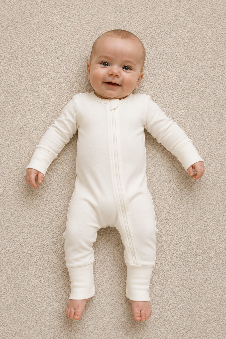 Top view of Babysuit Cloud Onesie showcasing white long sleeves and a front zipper on a beige carpet