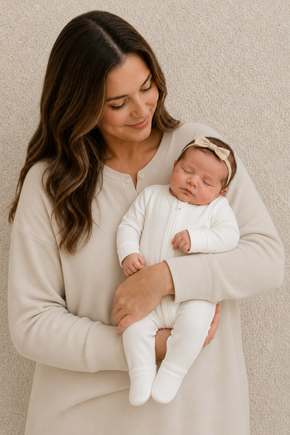 Woman holding a newborn baby against a beige background