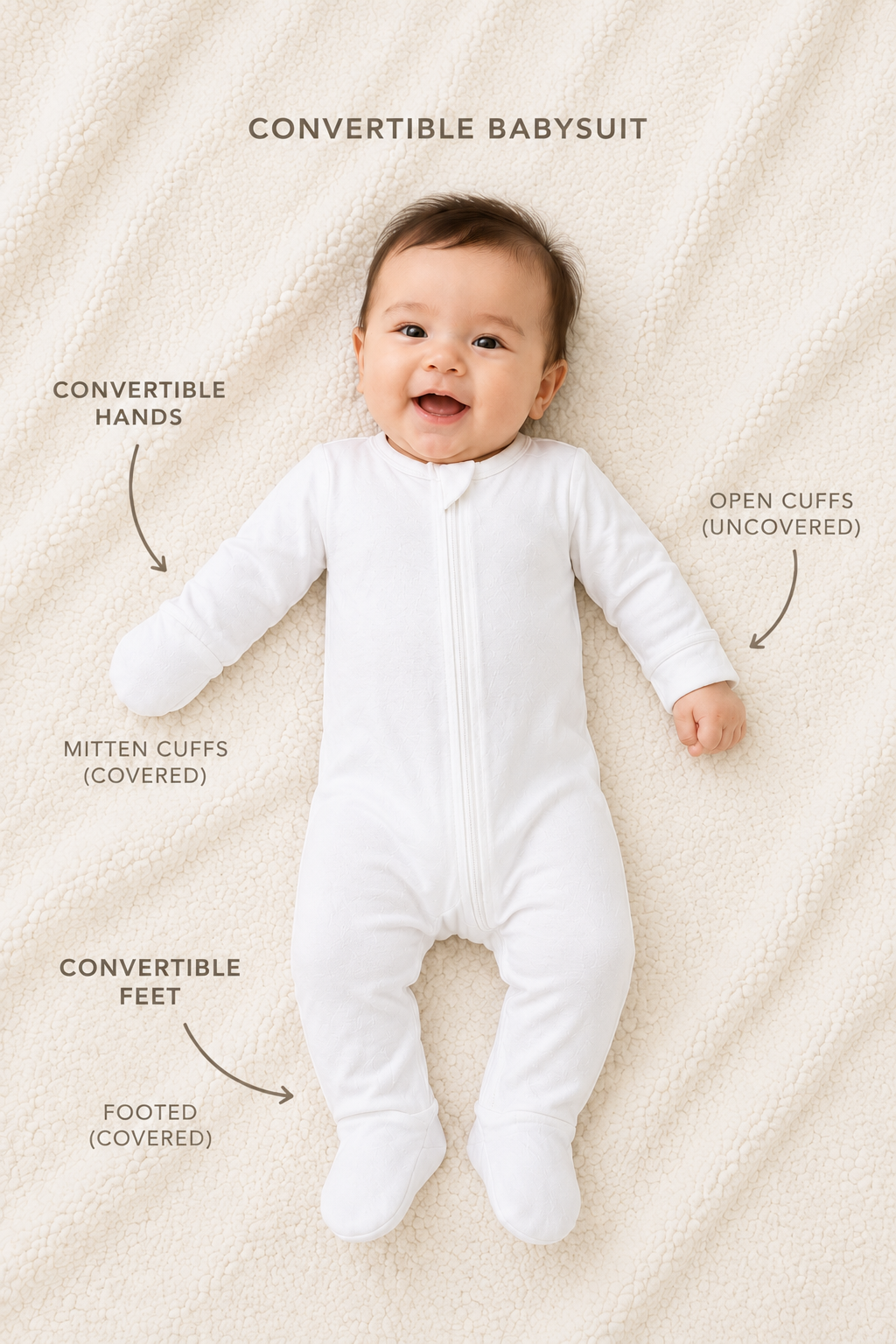 Baby wearing a white convertible babysuit on a beige blanket with feature 