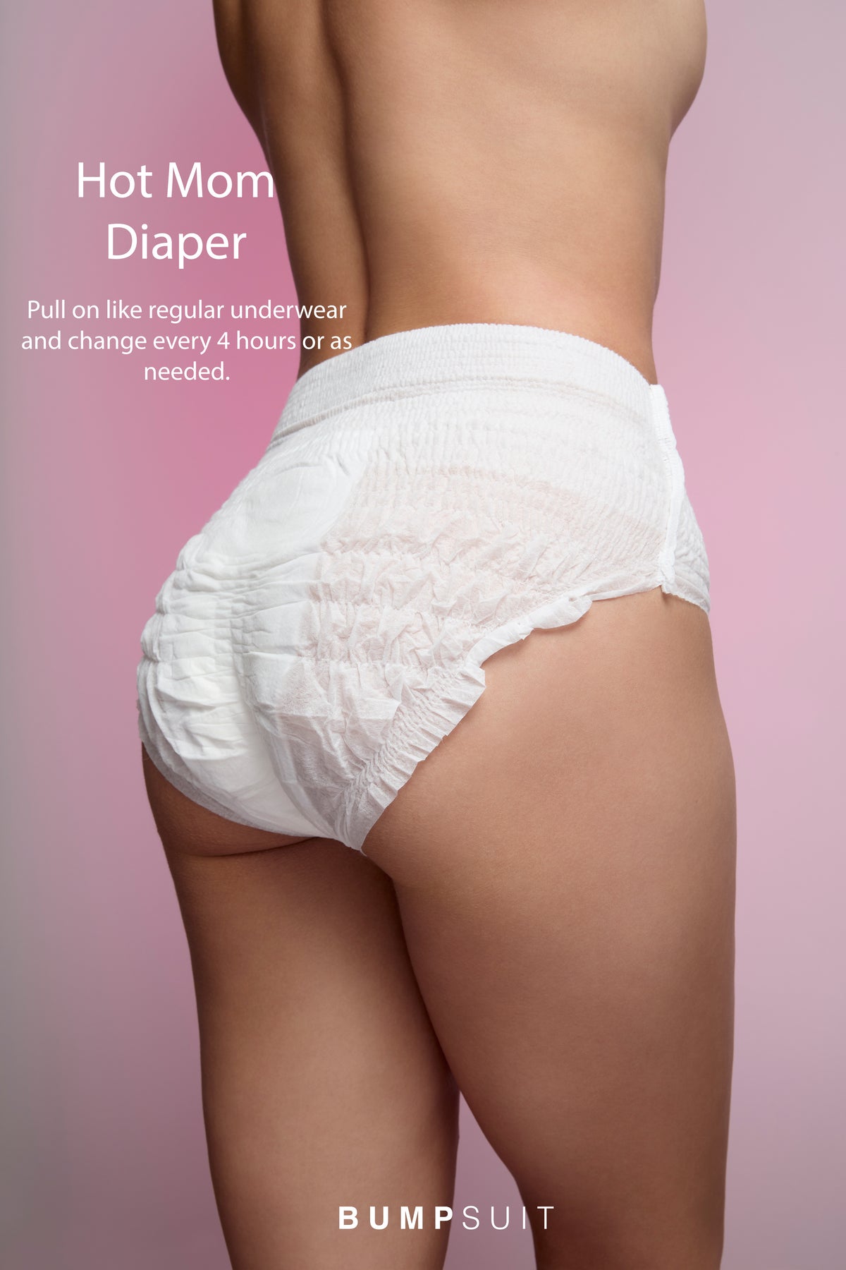 Close-up of a white Hot Mom Diaper showcasing pull-on styling on a model against a pink background
