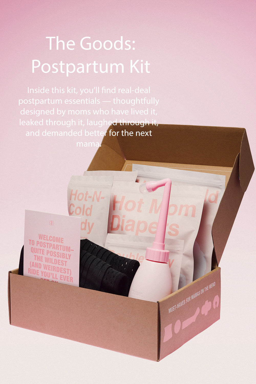 Three-quarter view of The Goods Postpartum Kit showcasing postpartum essentials in an open box against a pink background