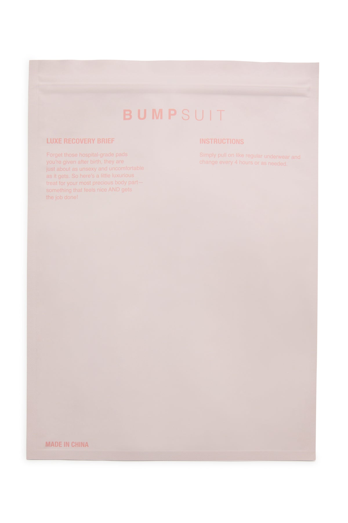 Front view of HOT MOM DIAPERS disposable postpartum panties package showing the BUMPSUIT Luxe Recovery Brief instructions