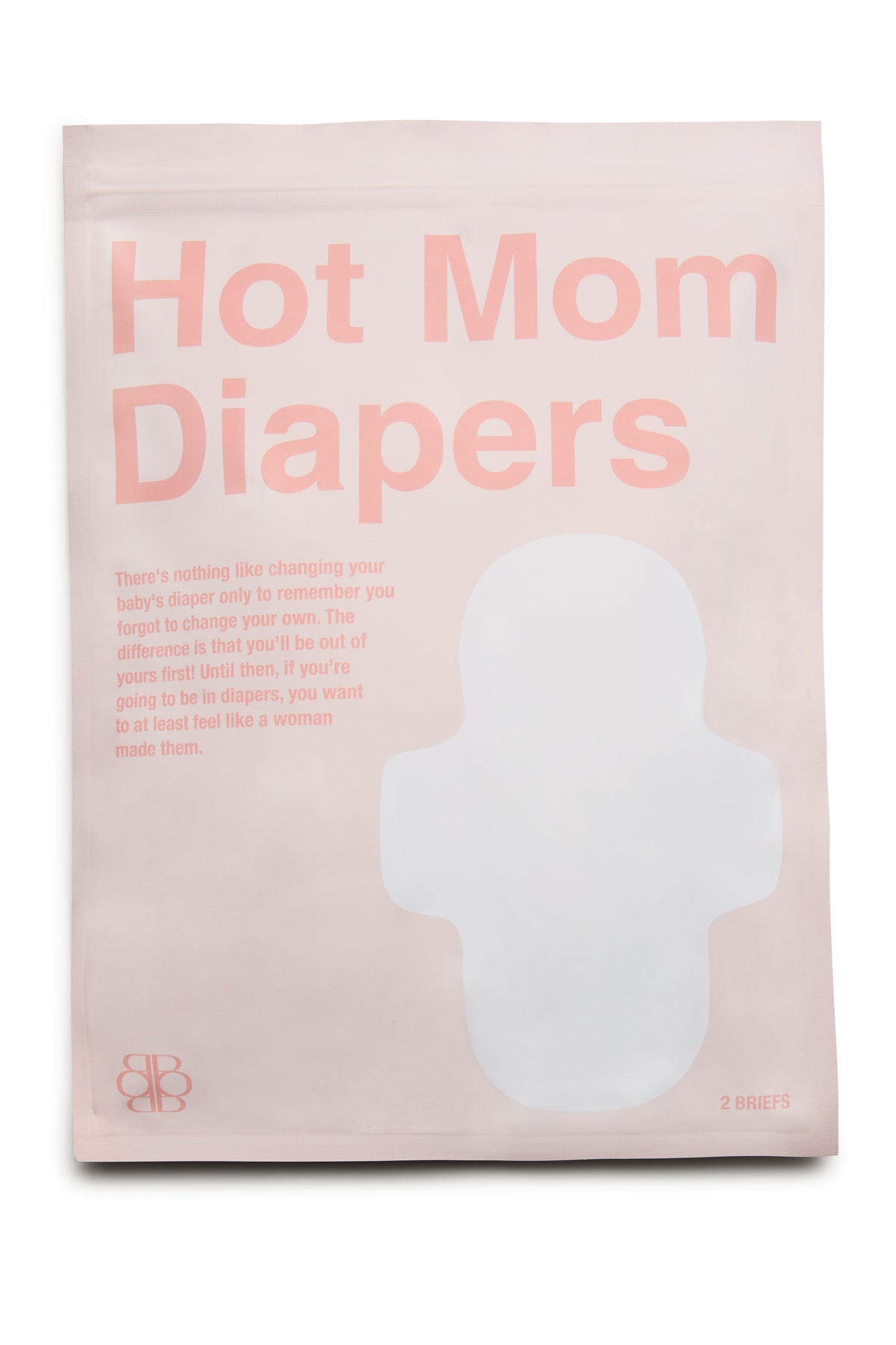 Front view of HOT MOM DIAPERS disposable postpartum panties package showcasing two briefs with a white background
