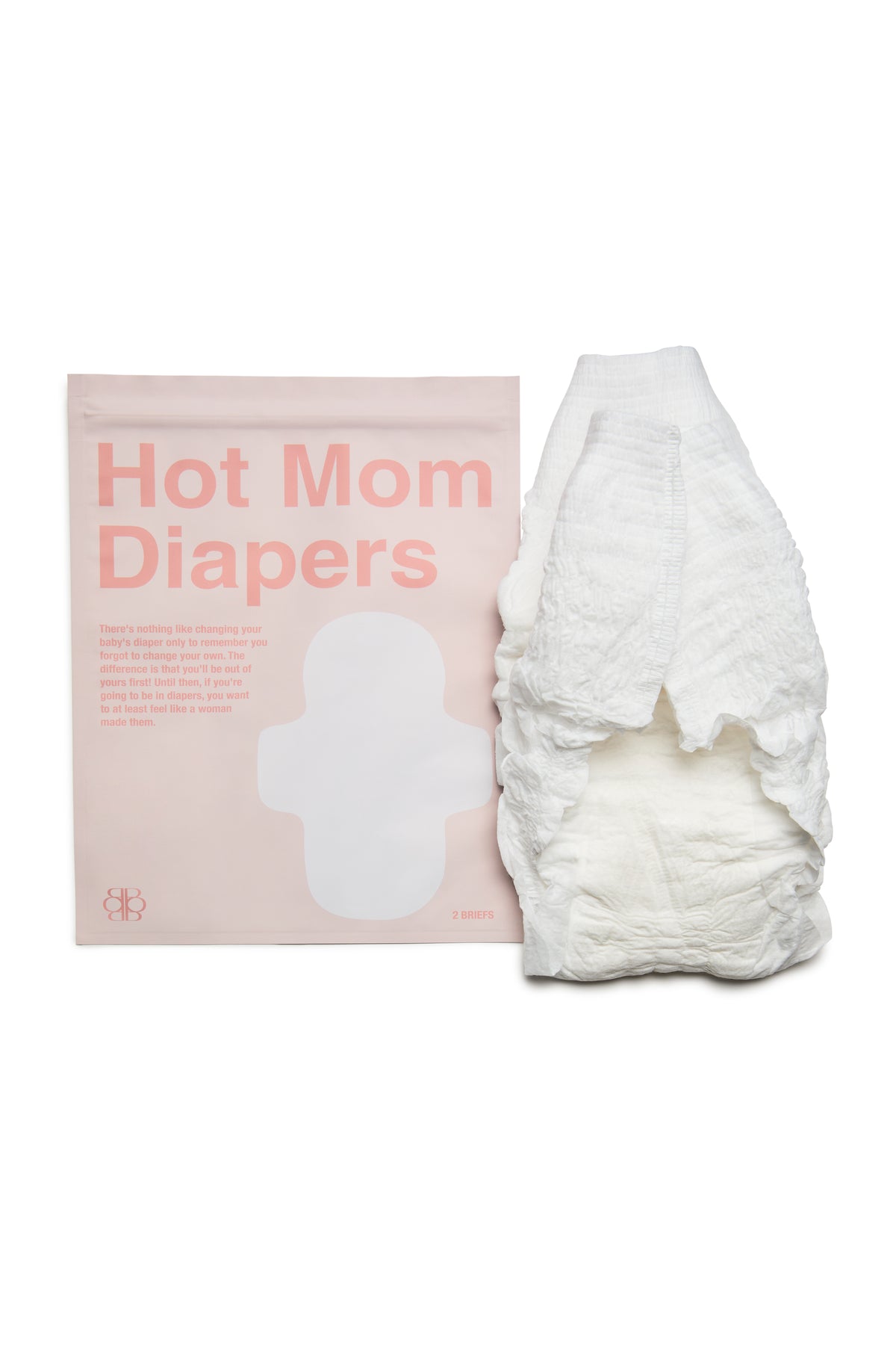 Front view of HOT MOM DIAPERS disposable postpartum panties showcasing two white briefs beside pink packaging on a white background