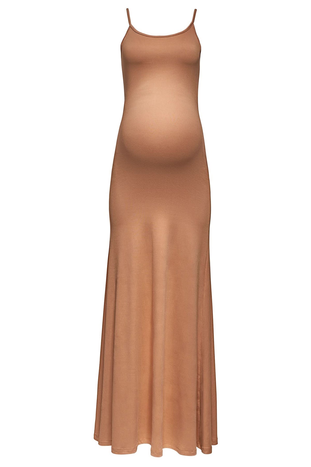 Front view of The Cloud Maxi Dress in latte showcasing thin straps and a floor-length fit on a white background