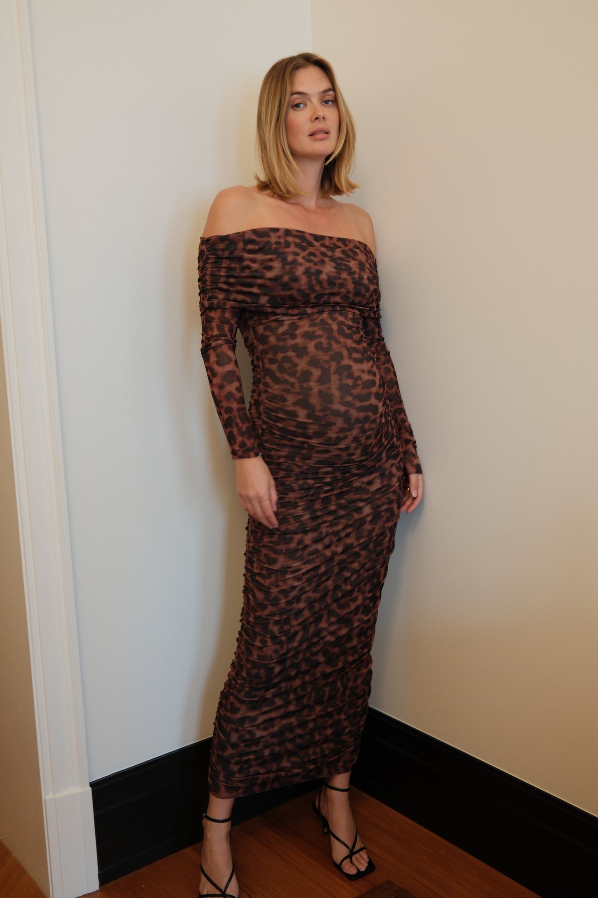 Off The Shoulder Soft Mesh Dress - Leopard