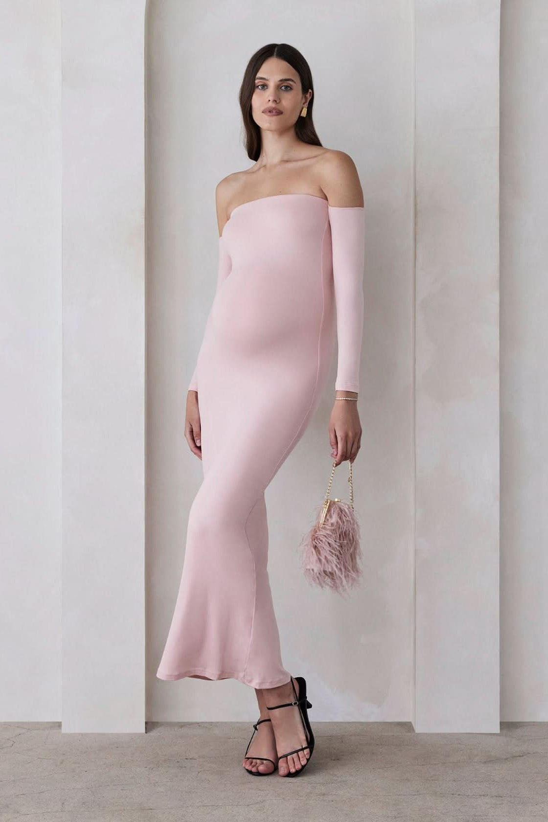 bumpsuit Maternity the angelina off the shoulder long sleeve maxi dress in dusty pink