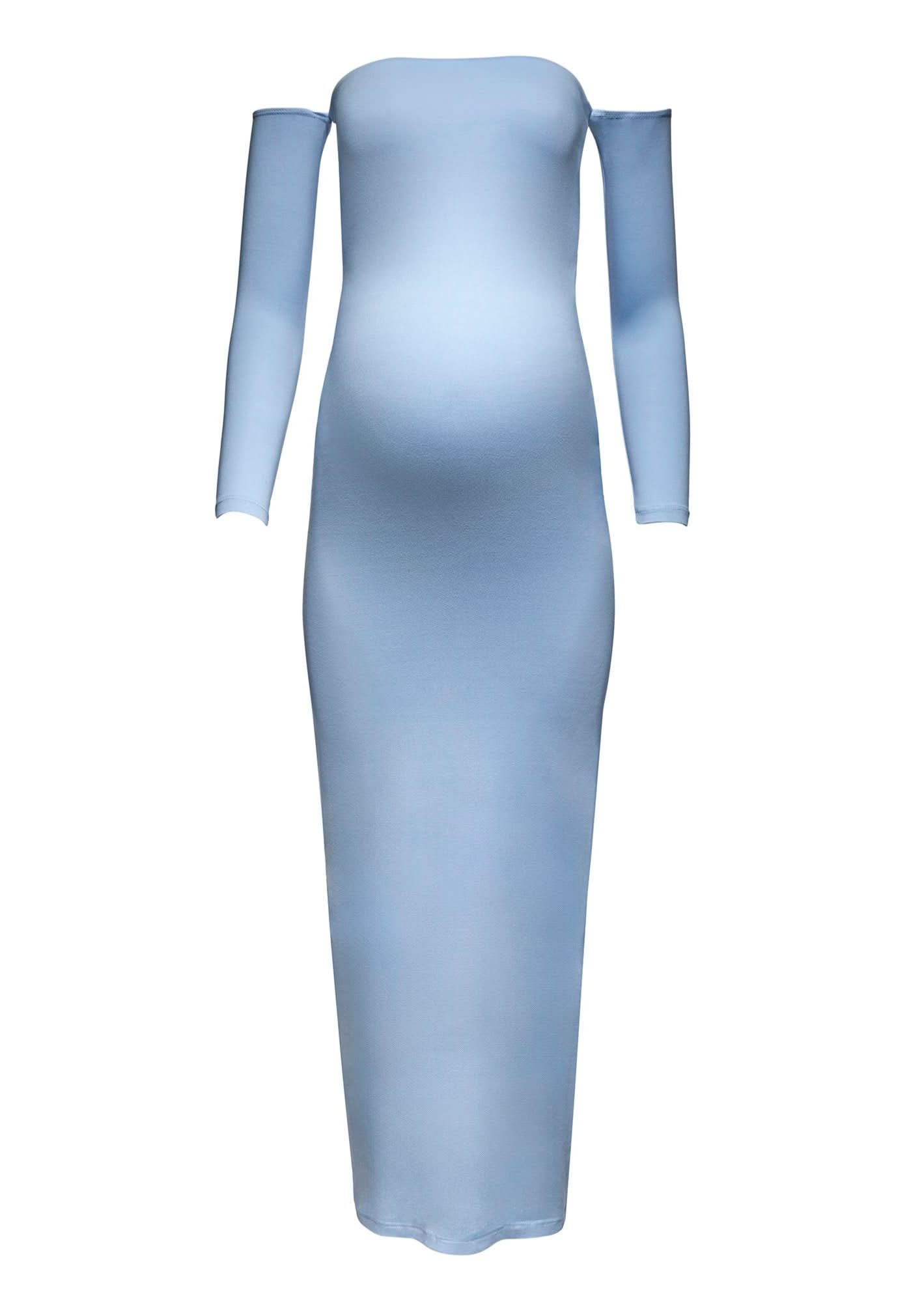 Bumpsuit Maternity The Angelina Off Shoulder Long Sleeve Maxi Dress in Powder Blue