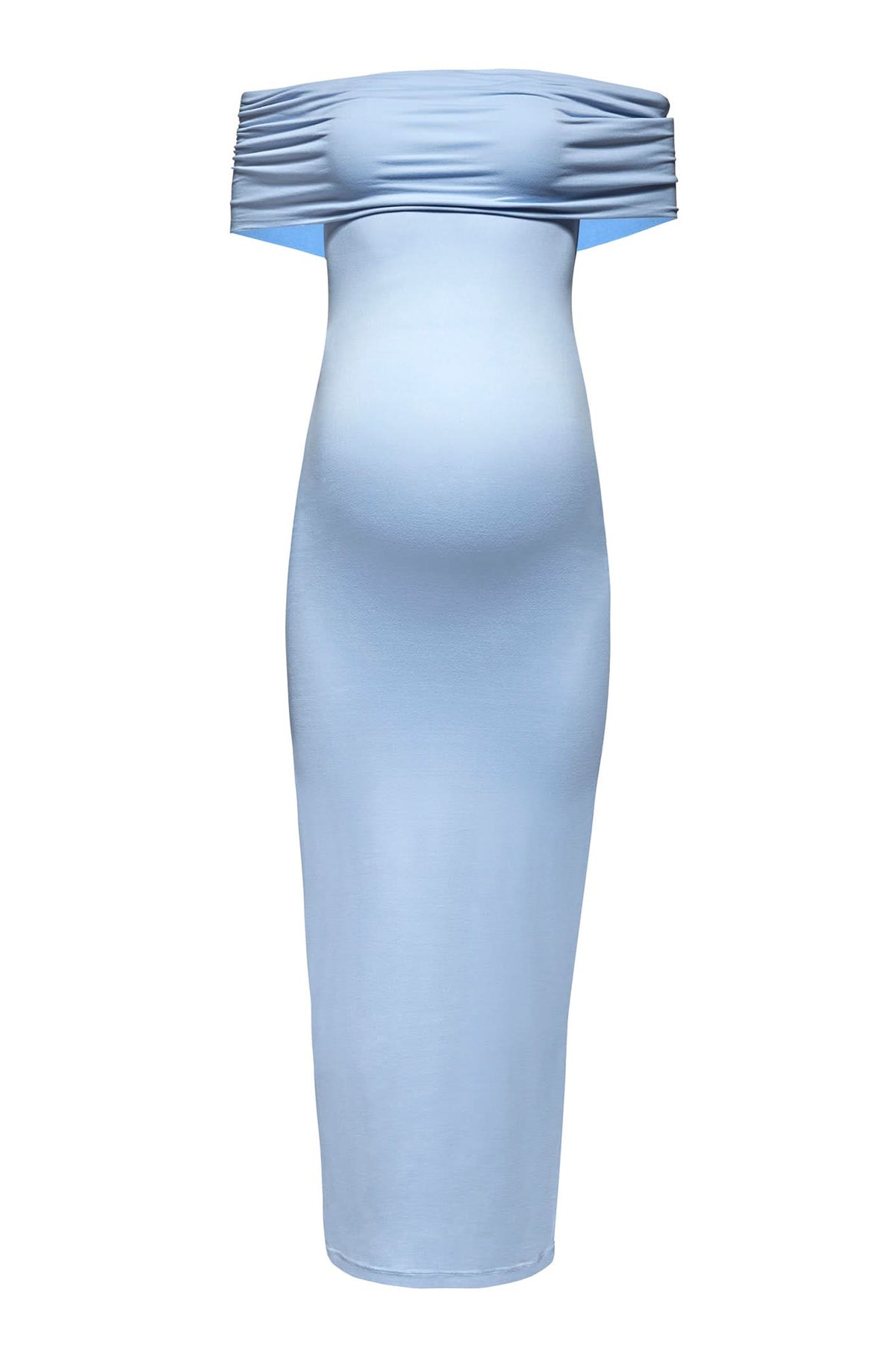 Front view of The Bianca maternity maxi dress in powder blue showcasing an off shoulder neckline on a white background