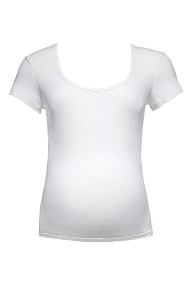 Front view of Cotton Rib 90s Tee showcasing ivory ribbed fabric, scoop neck, and short sleeves with white background