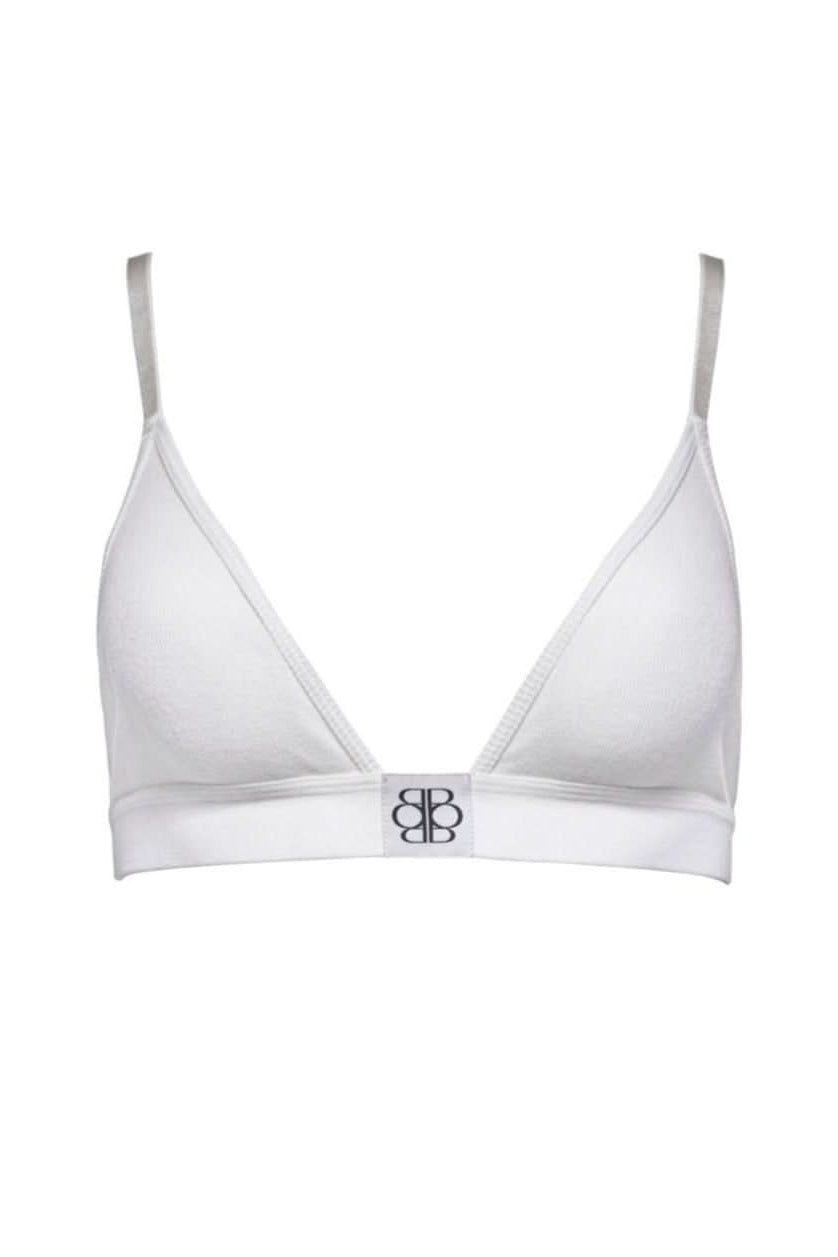 Front view of the Cotton Rib Triangle Bralette showcasing triangle cups and a center Bumpsuit logo against a white background