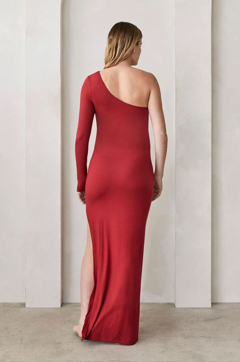 Bumpsuit Maternity The One Shoulder Long Sleeve Evening Dress with Side slit in red