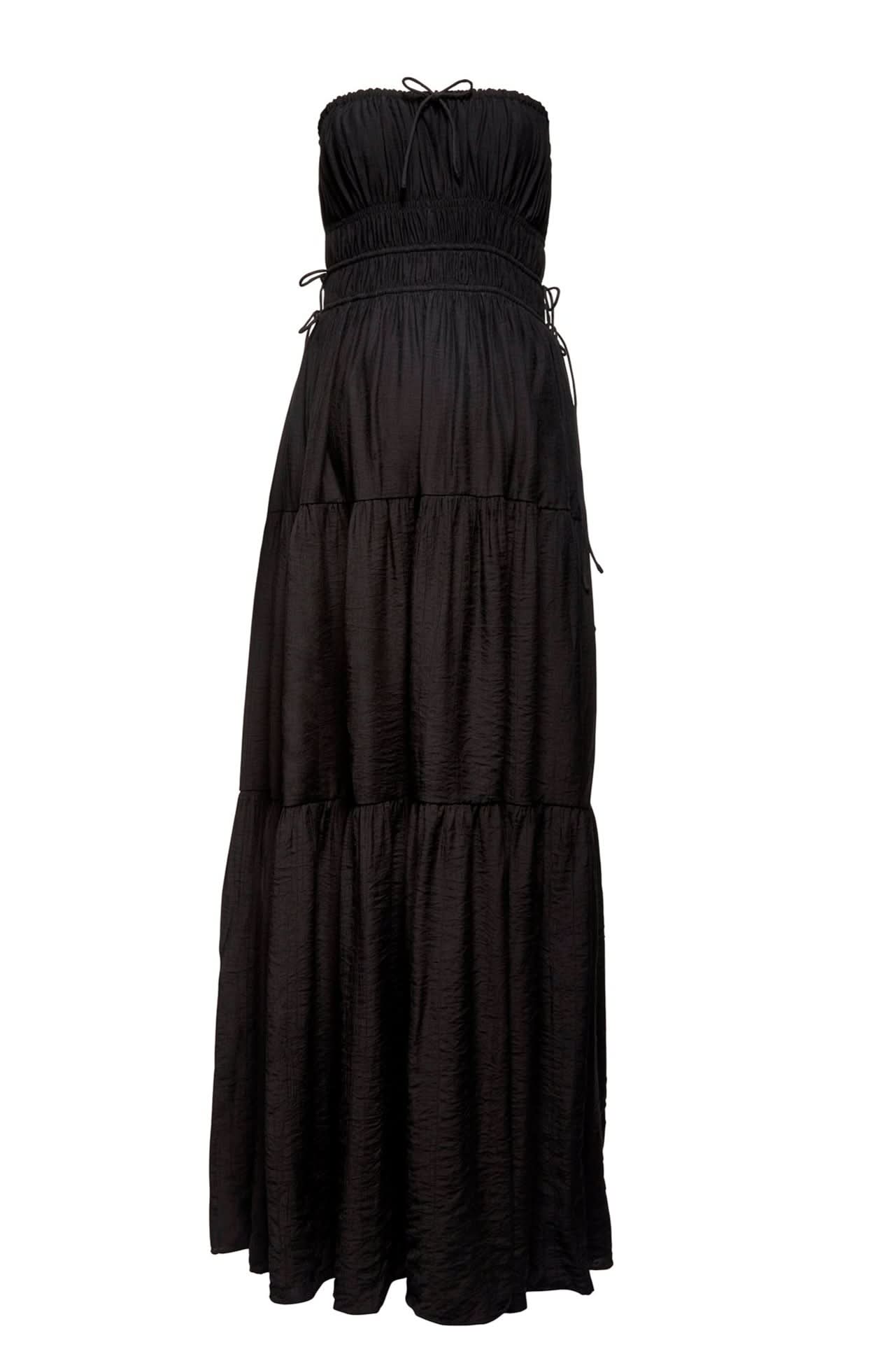 shirred strapless gown in black
