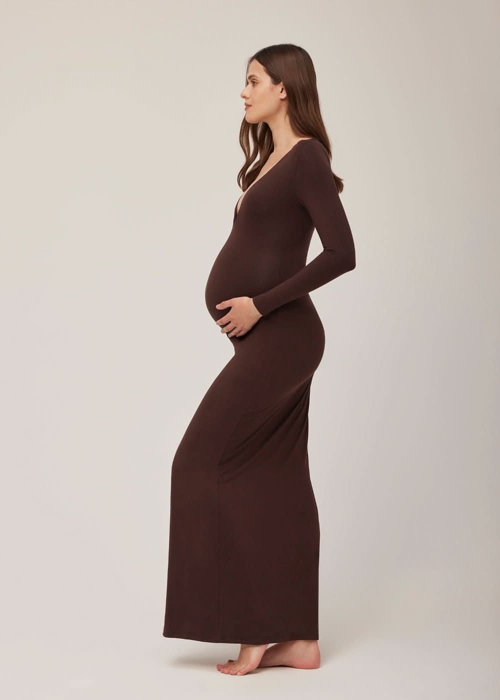 the maternity long sleeve v neck evening dress in chocolate