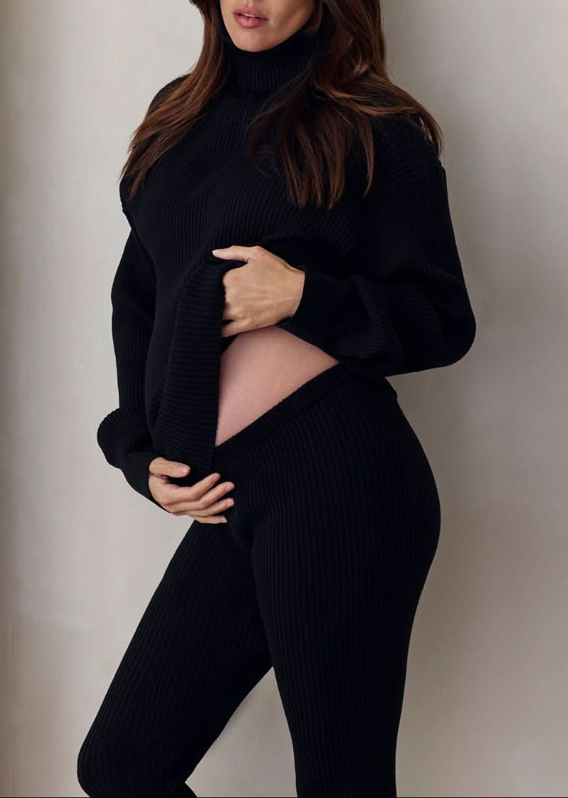 cozy knit turtleneck sweater and flare pant in black