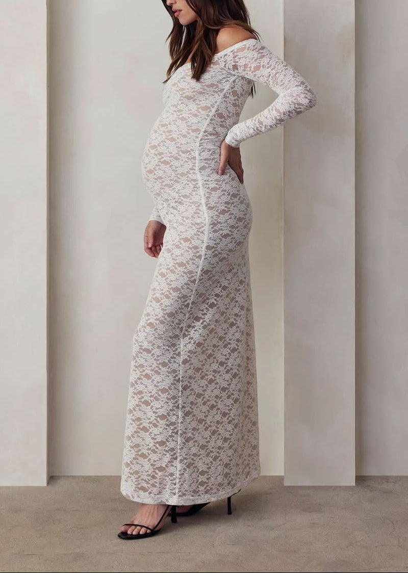 off the shoulder lace maxi dress in ivory