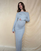 woman wearing heather grey maternity soft rib maxi dress y bumpsuit