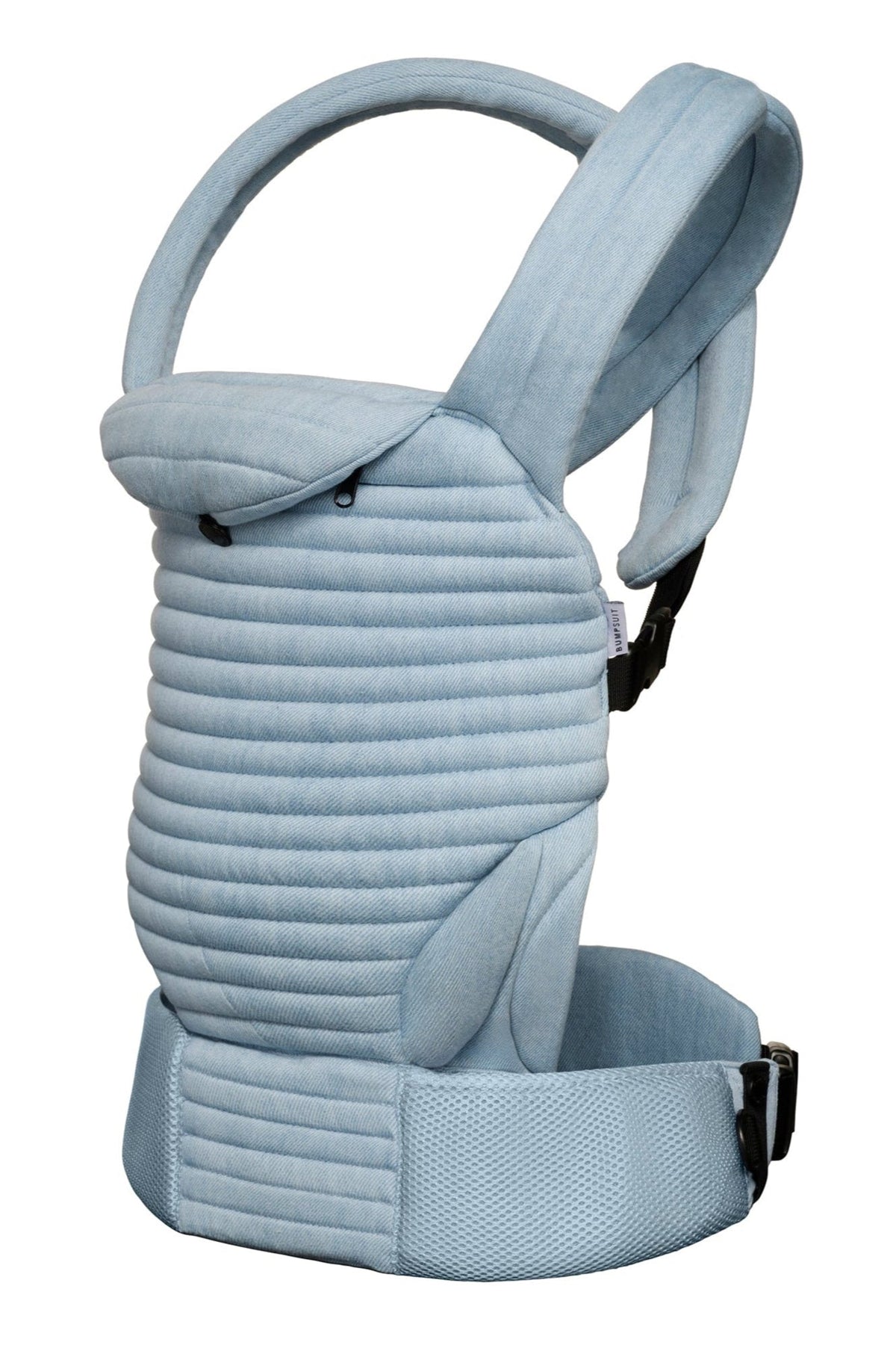 armadillo baby carrier side view in light denim on white background