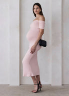 The Bumpsuit Maternity The Bianca Off Shoulder Maxi Dress in Dusty Pink