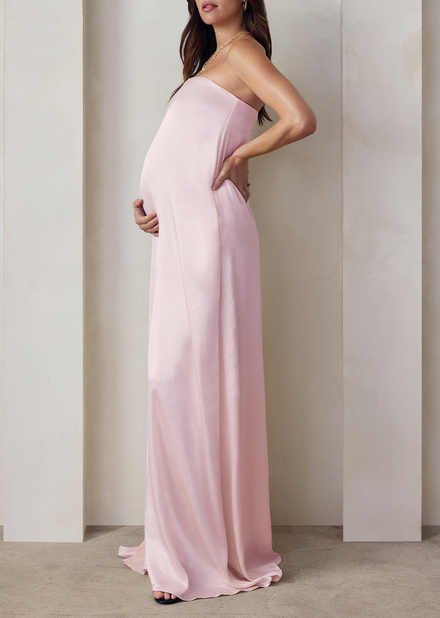 the brushed satin strapless maxi maternity gown in dusty pink
