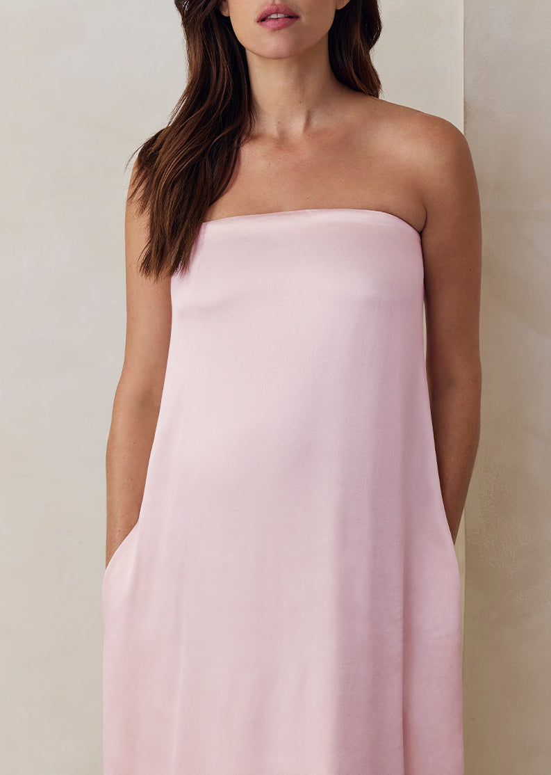 the brushed satin strapless maxi maternity gown in dusty pink