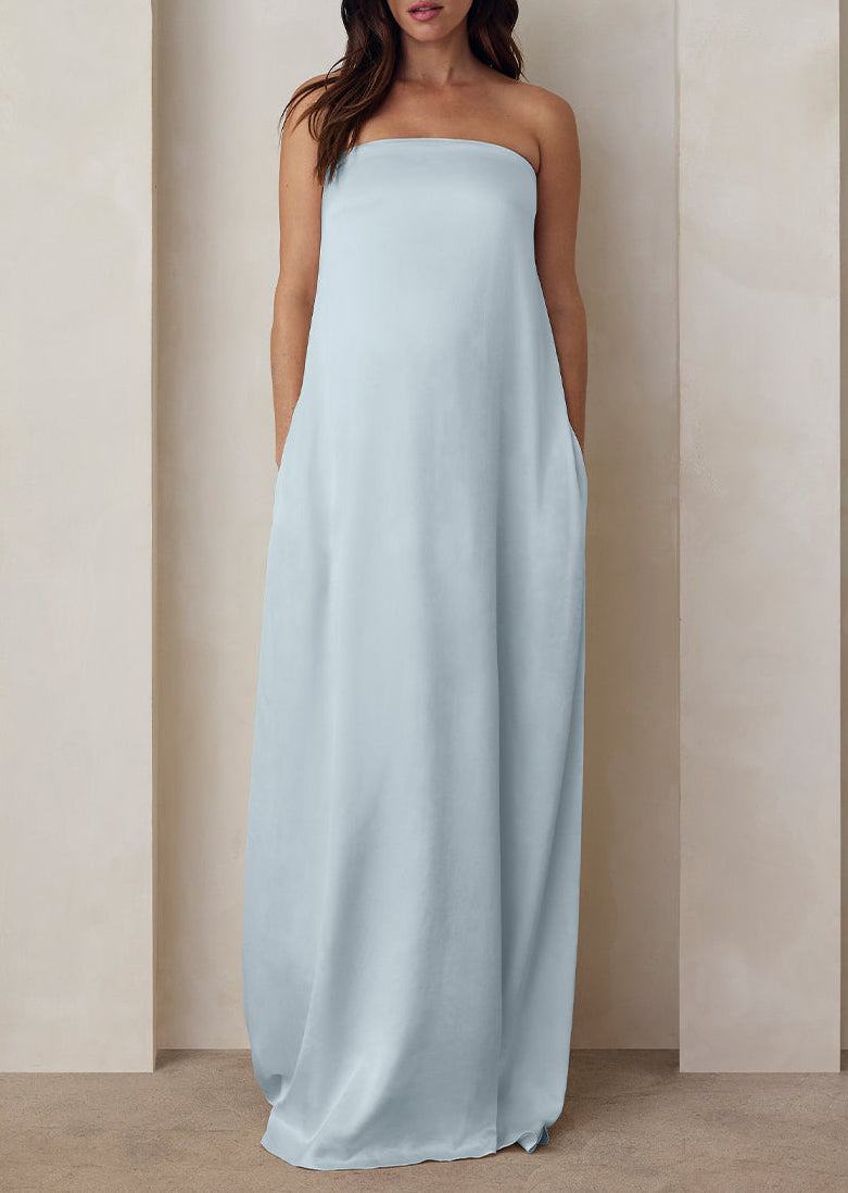 the brushed satin strapless maxi maternity gown in powder blue