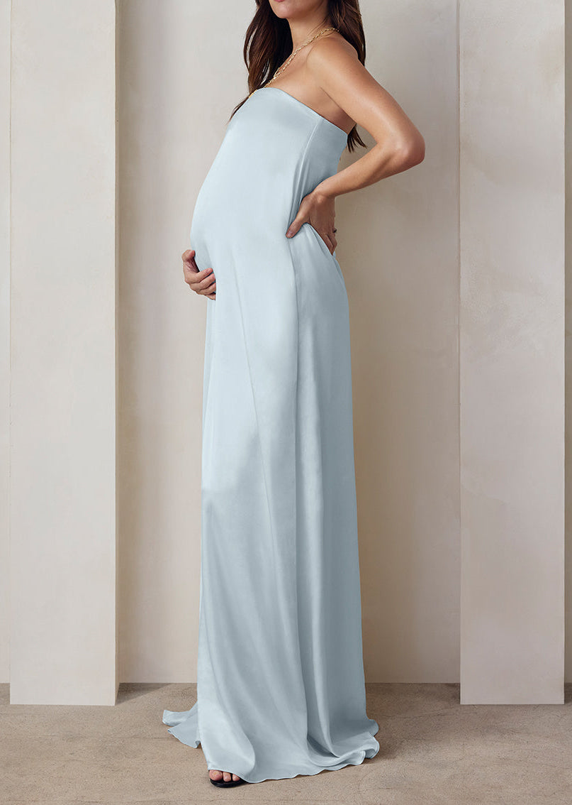 the brushed satin strapless maxi maternity gown in powder blue