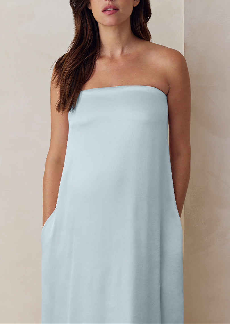 the brushed satin strapless maxi maternity gown in powder blue