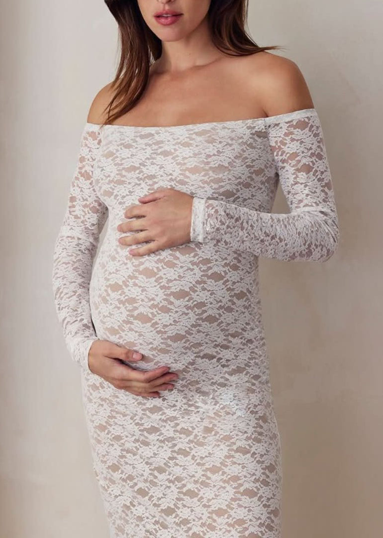 the lace off the shoulder maxi dress in ivory