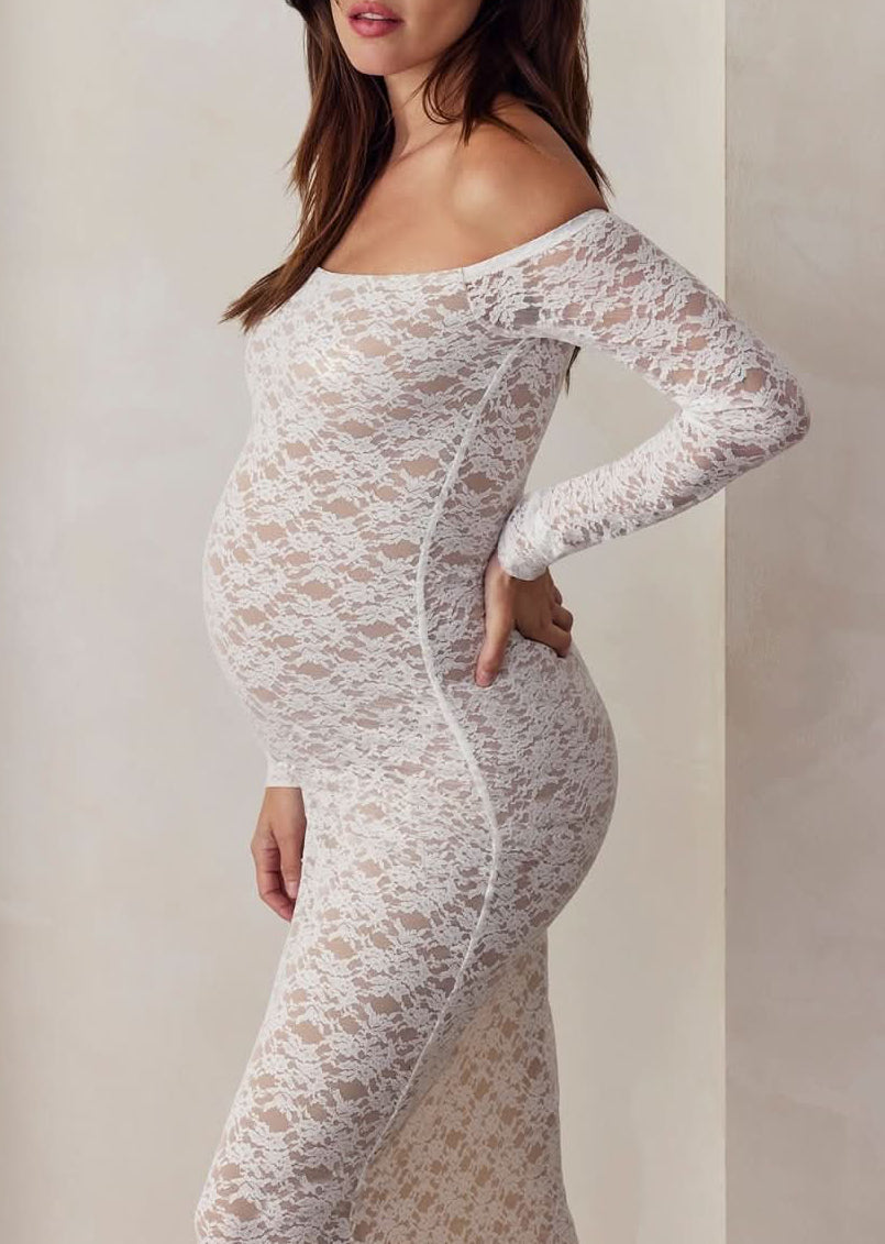 off the shoulder lace maxi dress in ivory