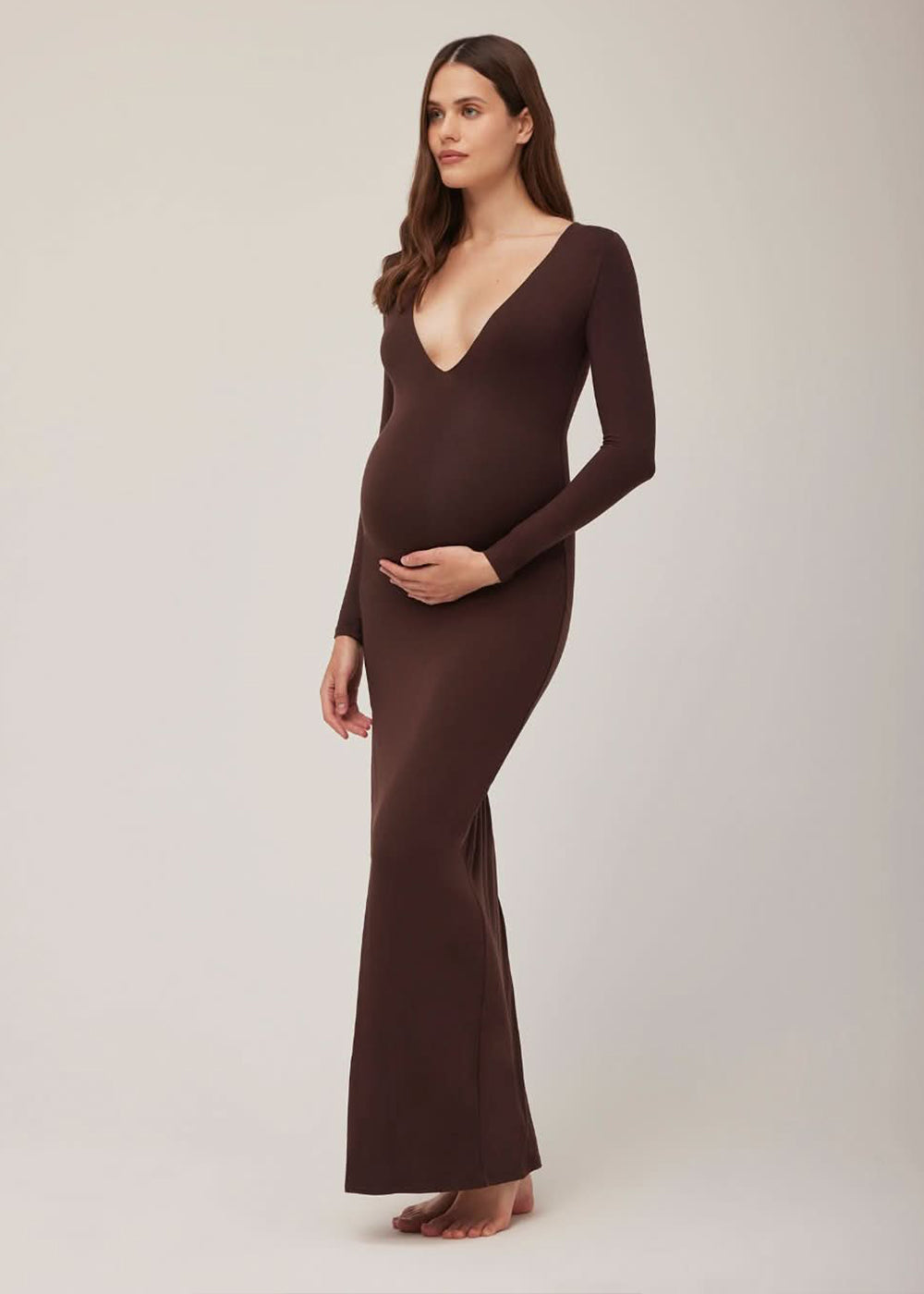 the maternity long sleeve v neck evening dress in chocolate