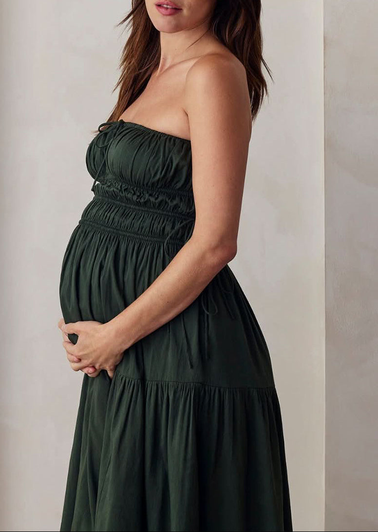 the bumpsuit maternity shirred strapless floor length gown in forest green