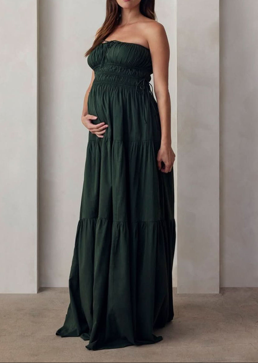 the bumpsuit maternity shirred strapless floor length gown in forest green
