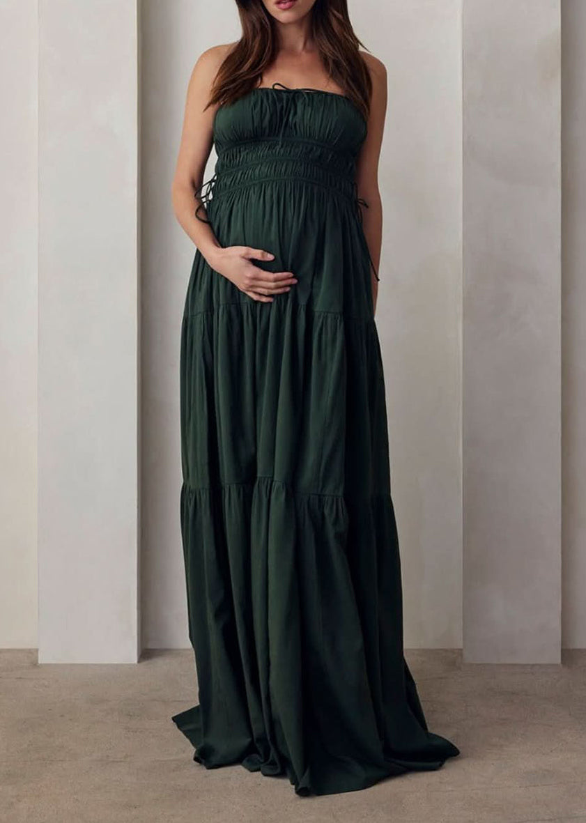 the bumpsuit maternity shirred strapless floor length gown in forest green