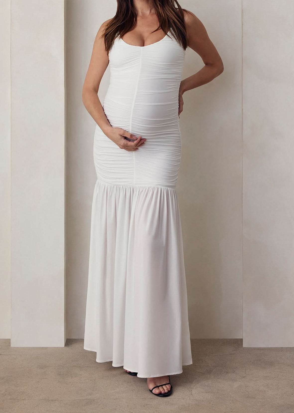 ruched airbrush frilled maxi dress in ivory