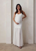 ruched airbrush frilled maxi dress in ivory