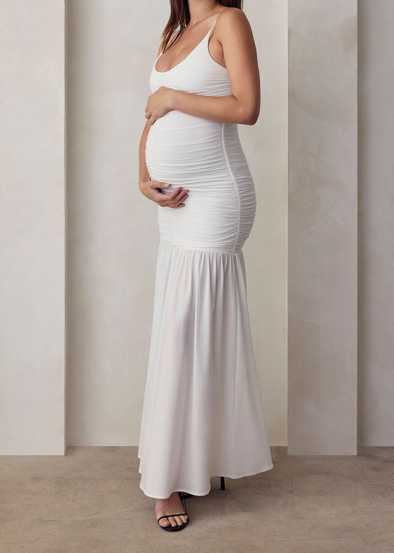 ruched airbrush frilled maxi dress in ivory