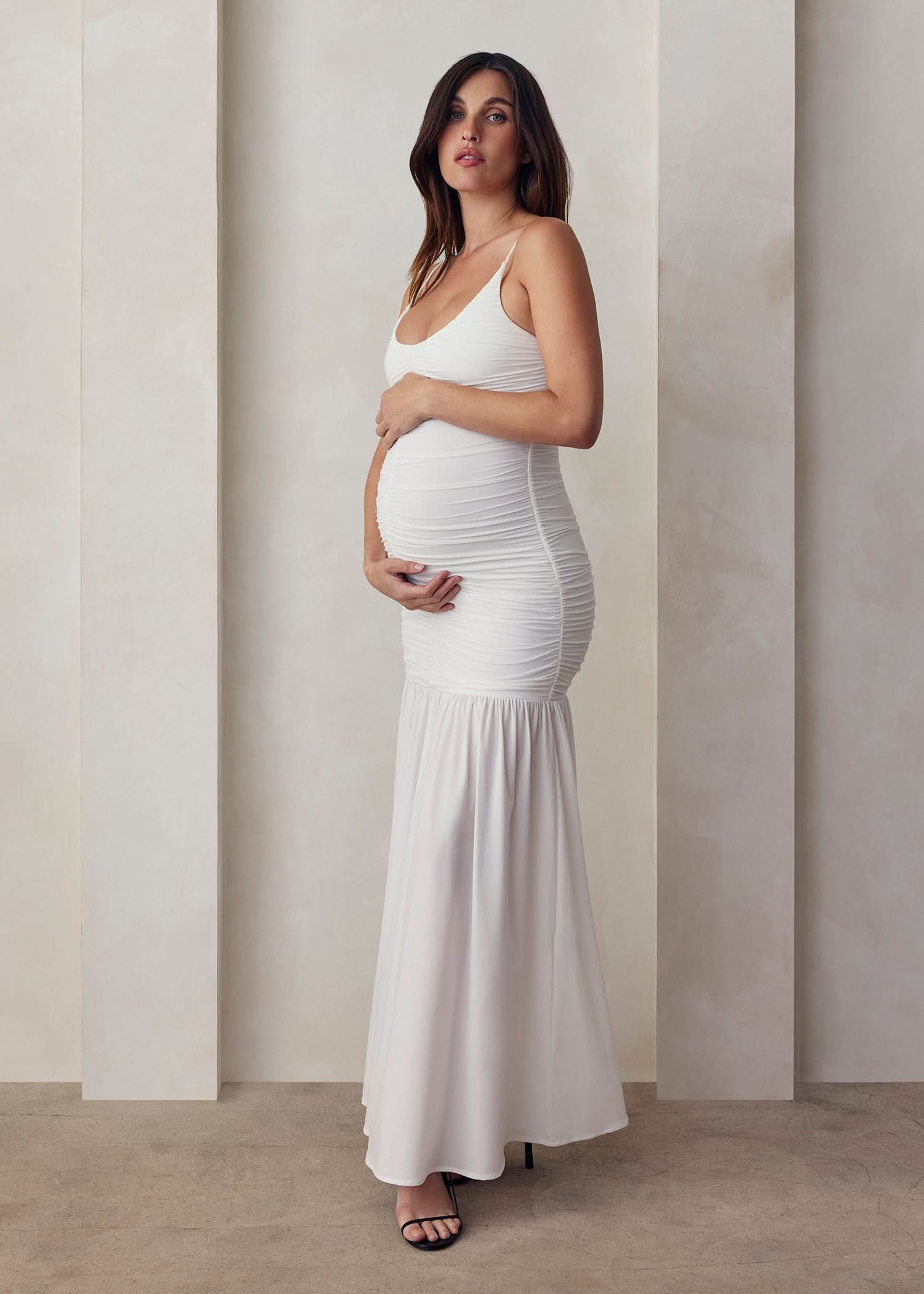 ruched airbrush frilled maxi dress in ivory