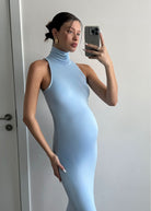 the serena turtleneck sleeveless maternity maxi dress in Powder Blue
